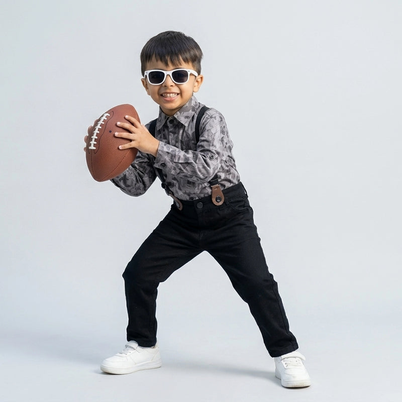 BOYS Grey Printed Shirt with Suspender Pants Party Wear Outfit Set
