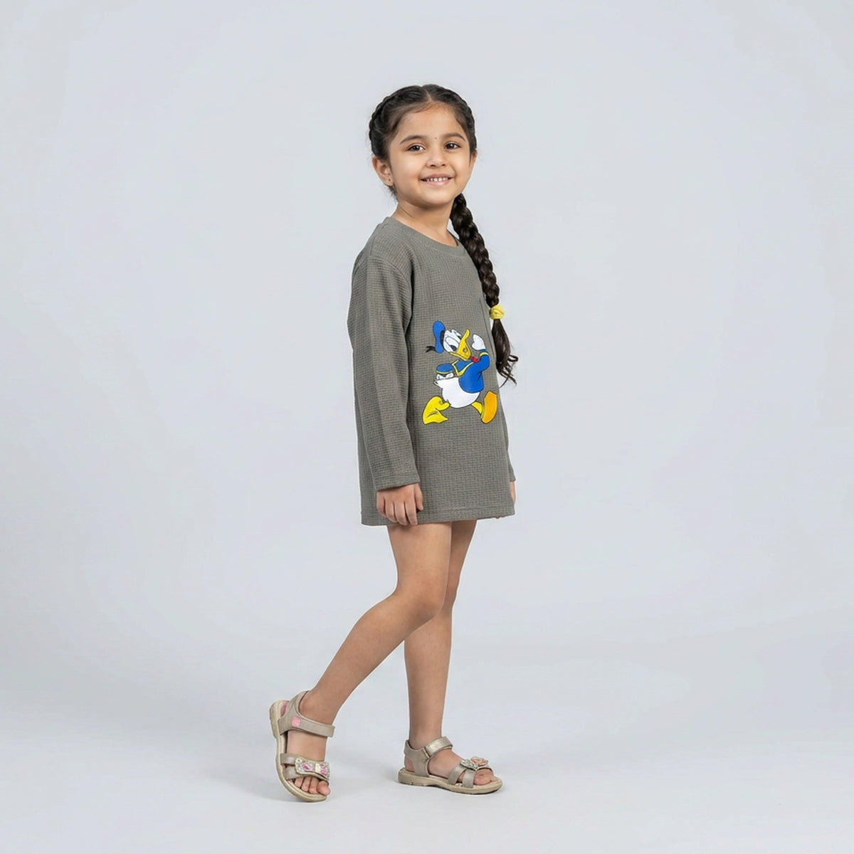 Girls Olive Green Waffle Knit Cartoon Print Long Sleeve T-Shirt Dress