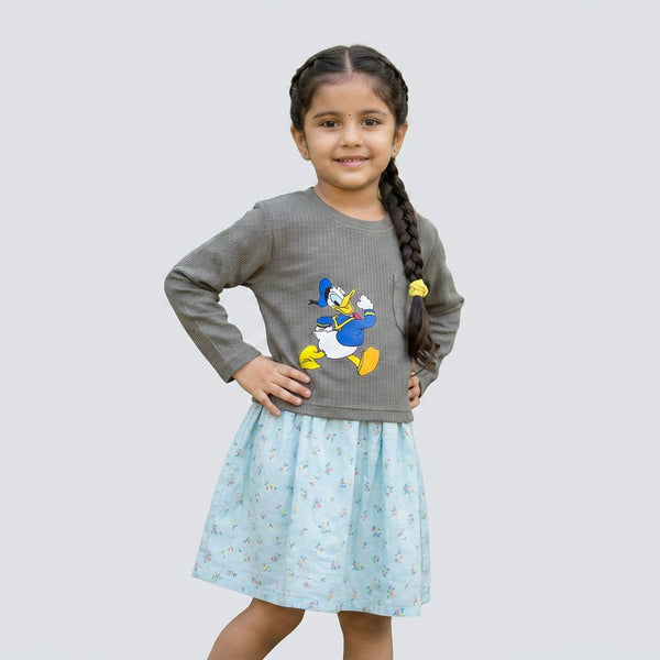 Girls Olive Green Waffle Knit Cartoon Print Long Sleeve T-Shirt Dress