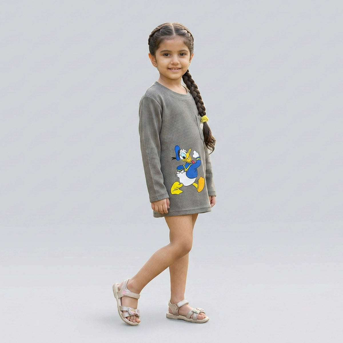 Girls Olive Green Waffle Knit Cartoon Print Long Sleeve T-Shirt Dress