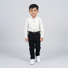 Boys Cream Printed Shirt with Graphic T-Shirt and Black Casual Pants Set
