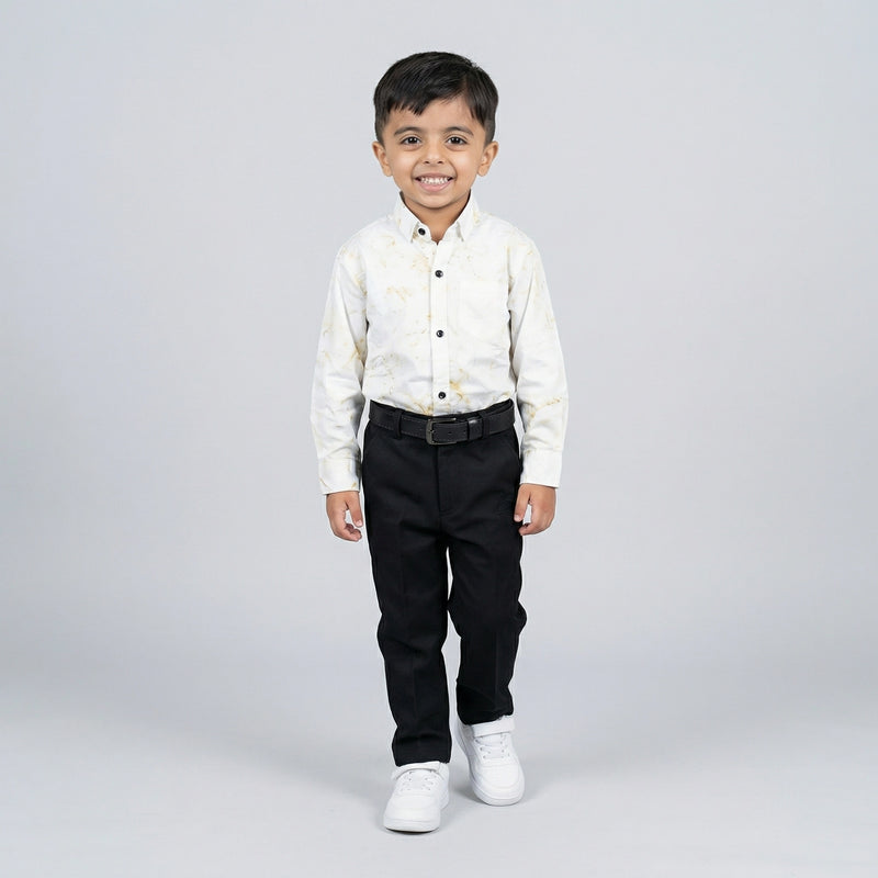 Boys Cream Printed Shirt with Graphic T-Shirt and Black Casual Pants Set