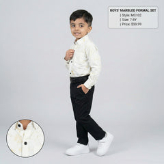 Boys Cream Printed Shirt with Graphic T-Shirt and Black Casual Pants Set