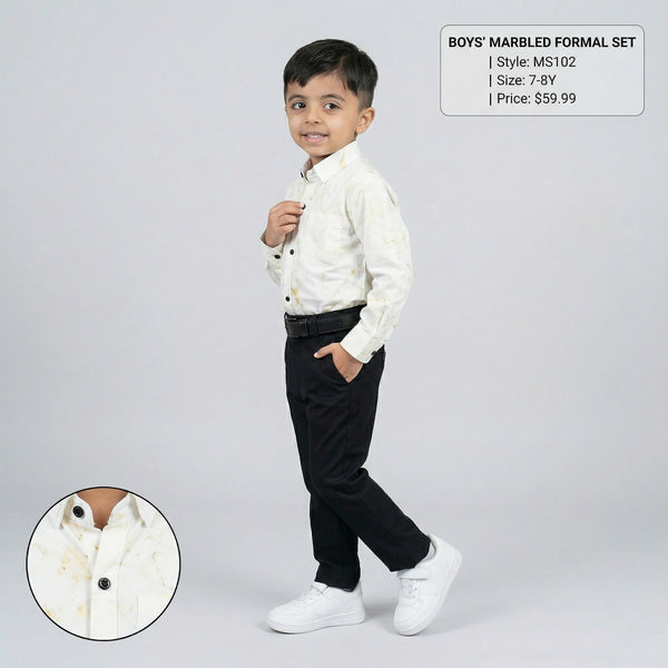 Boys Cream Printed Shirt with Graphic T-Shirt and Black Casual Pants Set