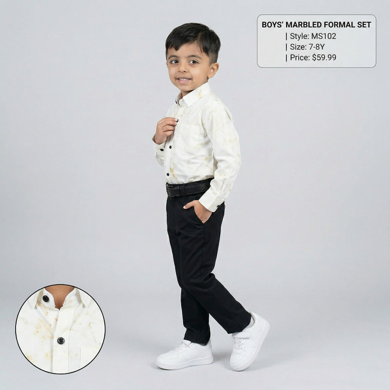Boys Cream Printed Shirt with Graphic T-Shirt and Black Casual Pants Set