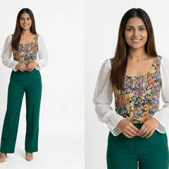 Women’s Floral Corset Top with Sheer Puff Sleeves – Trendy Summer Outfit Set