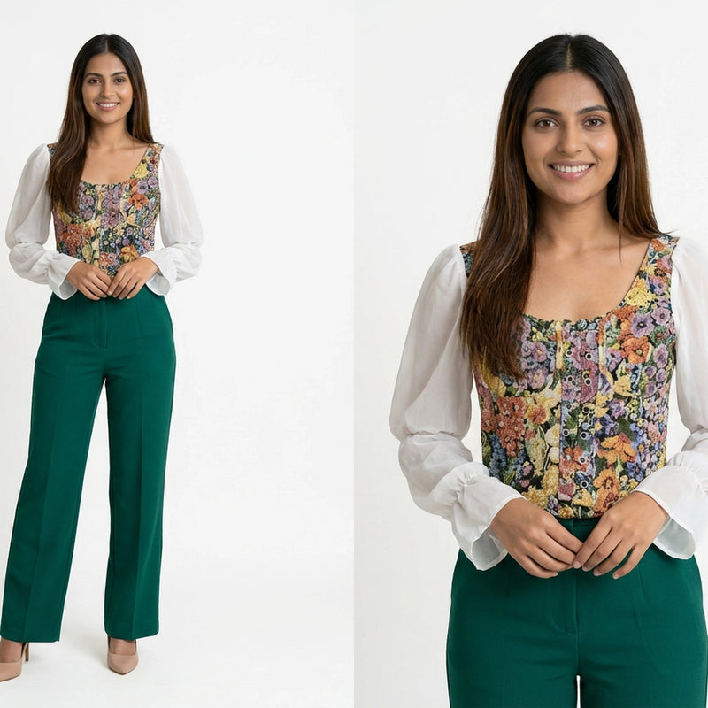 Women’s Floral Corset Top with Sheer Puff Sleeves – Trendy Summer Outfit Set