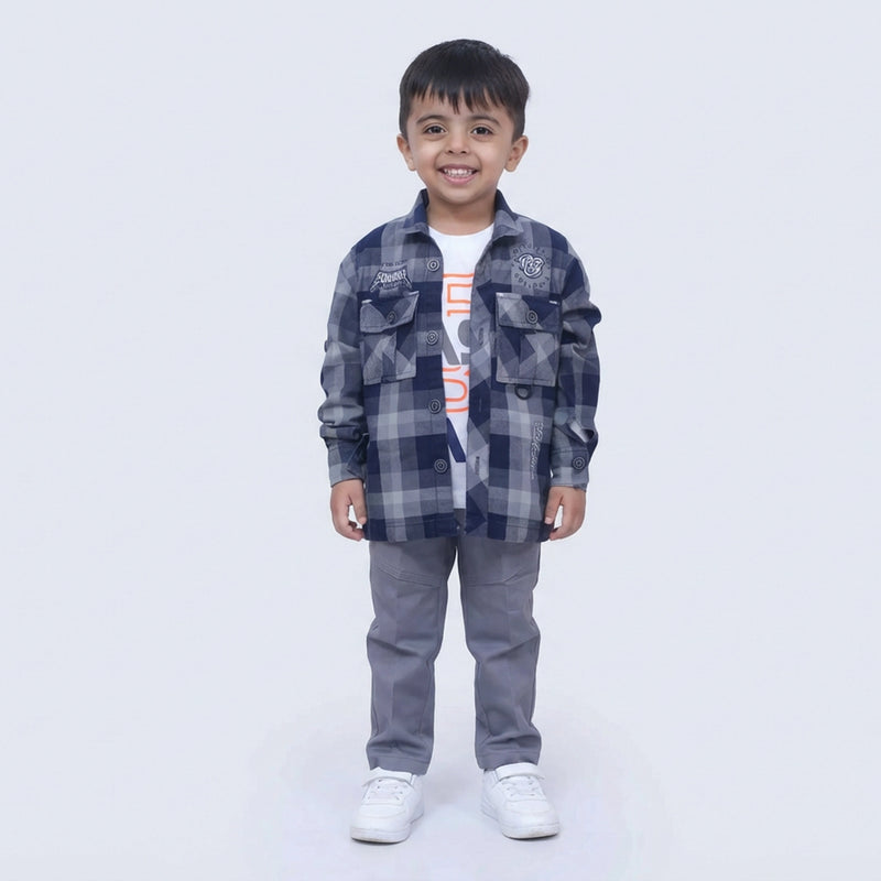 Boys Checked Casual Shirt with White Graphic T-Shirt, Pants and White Sneakers