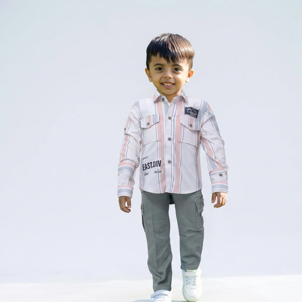 Boys Pink Stripe Casual Shirt with Sage Cargo Pants and White Sneakers