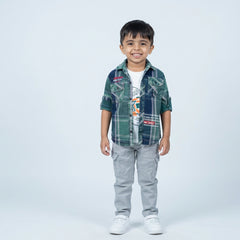 Boys Checked Casual Shirt with Graphic T-Shirt, Cargo Pants and White Sneakers