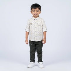 Boys Geometric Print Casual Shirt with Dark Pants and White Sneakers