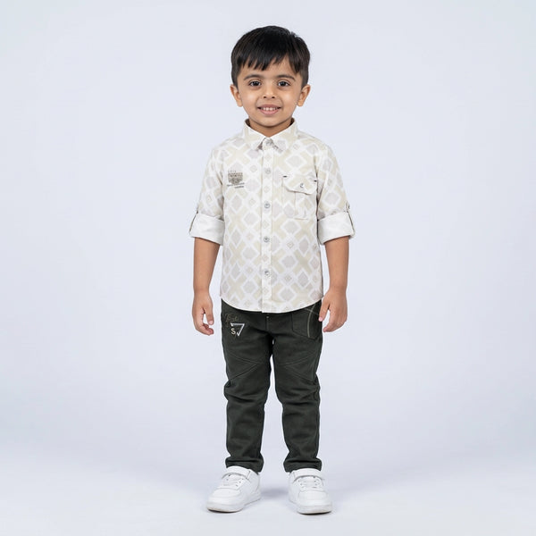 Boys Geometric Print Casual Shirt with Dark Pants and White Sneakers