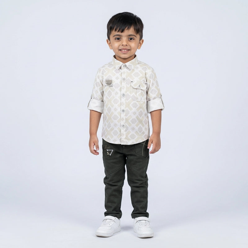 Boys Geometric Print Casual Shirt with Dark Pants and White Sneakers