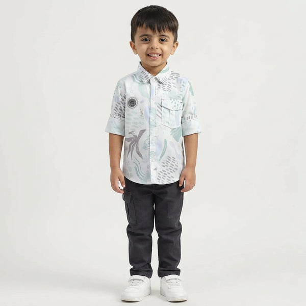 Boys Abstract Print Casual Shirt with Cargo Pants and White Sneakers – 2 Color Variants