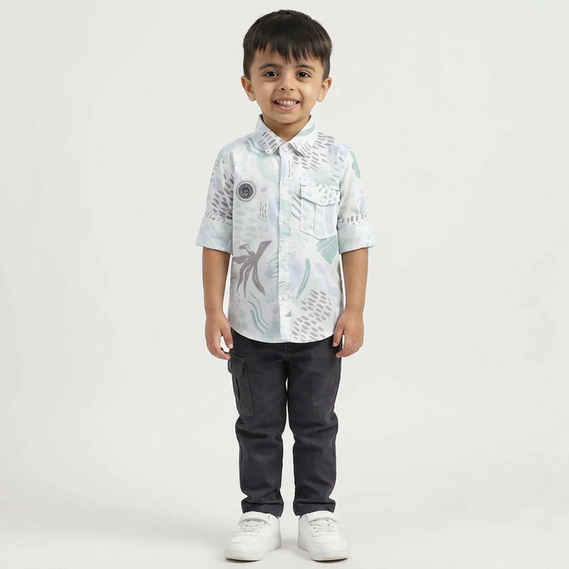 Boys Abstract Print Casual Shirt with Cargo Pants and White Sneakers – 2 Color Variants