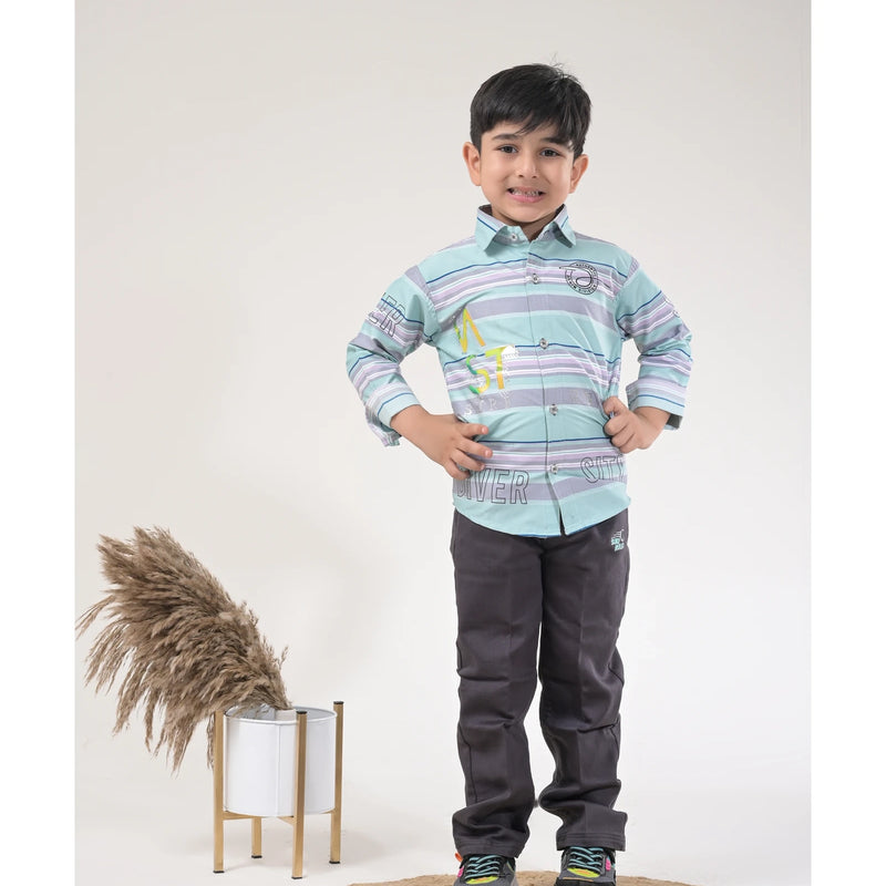 Boys Striped Casual Shirt with Dark Pants and Sport Sneakers – 3 Color Variants