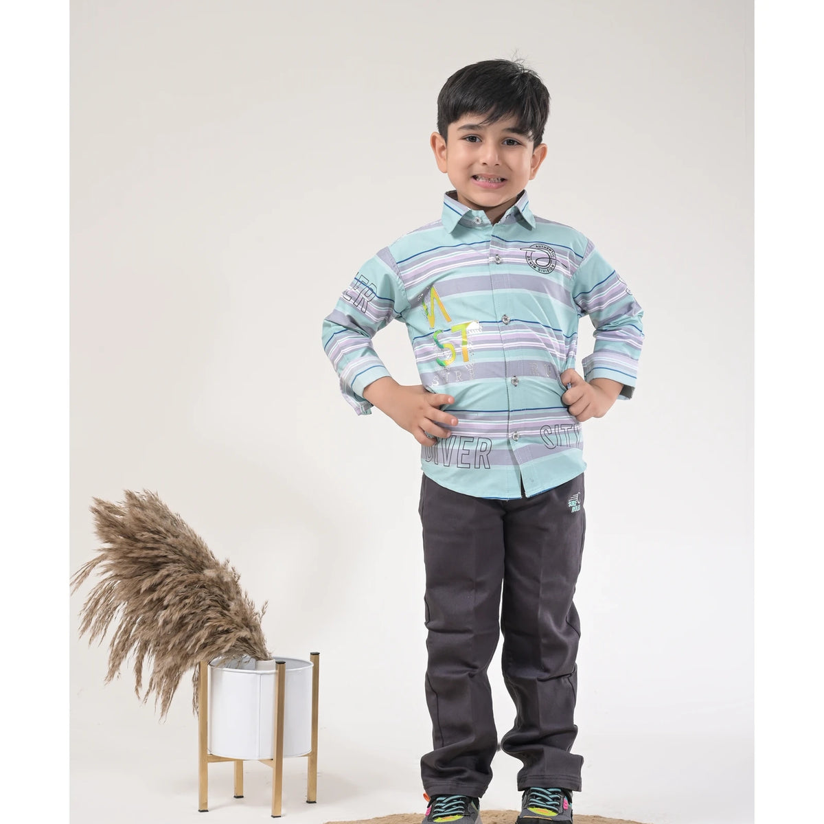 Boys Striped Casual Shirt with Dark Pants and Sport Sneakers – 3 Color Variants - image 7