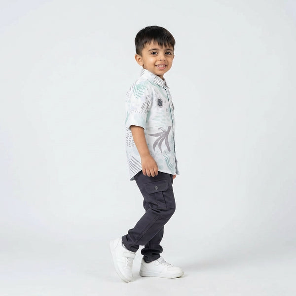 Boys Abstract Print Casual Shirt with Cargo Pants and White Sneakers – 2 Color Variants