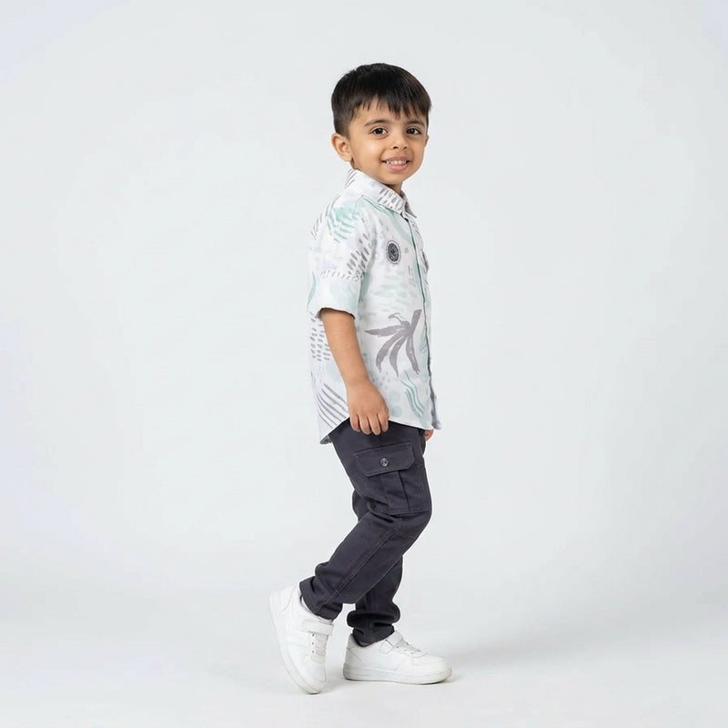Boys Abstract Print Casual Shirt with Cargo Pants and White Sneakers – 2 Color Variants