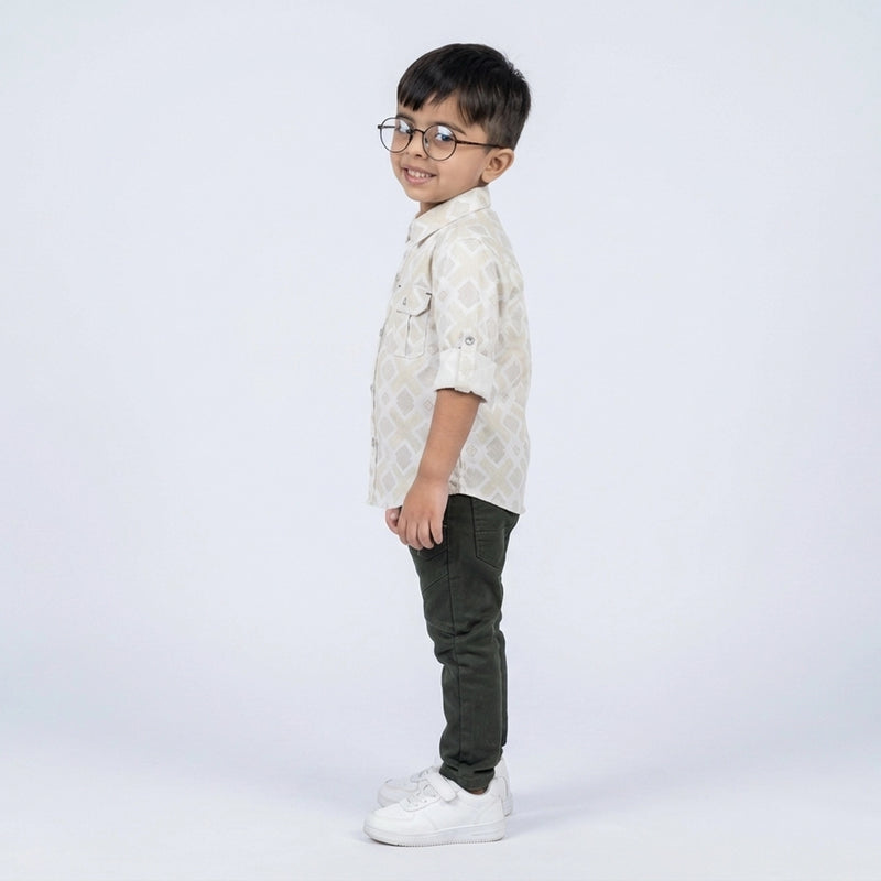 Boys Geometric Print Casual Shirt with Dark Pants and White Sneakers