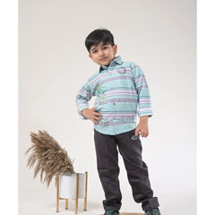 Boys Striped Casual Shirt with Dark Pants and Sport Sneakers – 3 Color Variants
