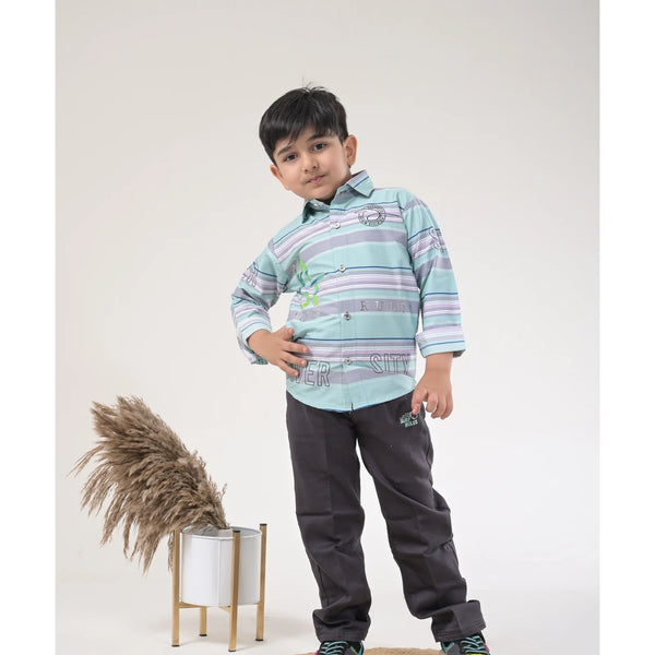 Boys Striped Casual Shirt with Dark Pants and Sport Sneakers – 3 Color Variants