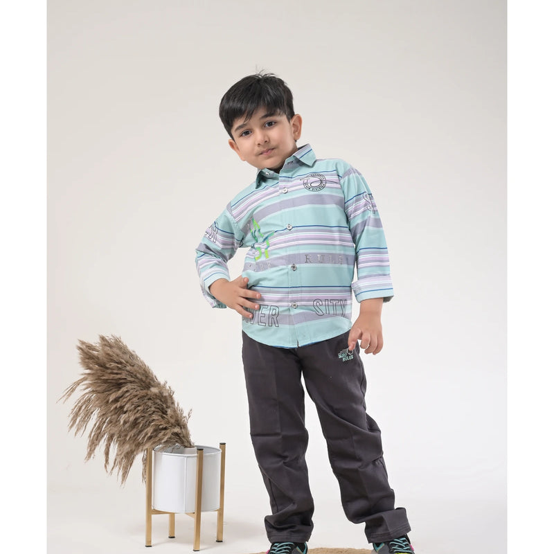 Boys Striped Casual Shirt with Dark Pants and Sport Sneakers – 3 Color Variants
