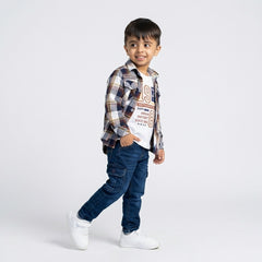 Boys Brown Checked Casual Shirt with White T-Shirt, Blue Cargo Jeans and White Sneakers