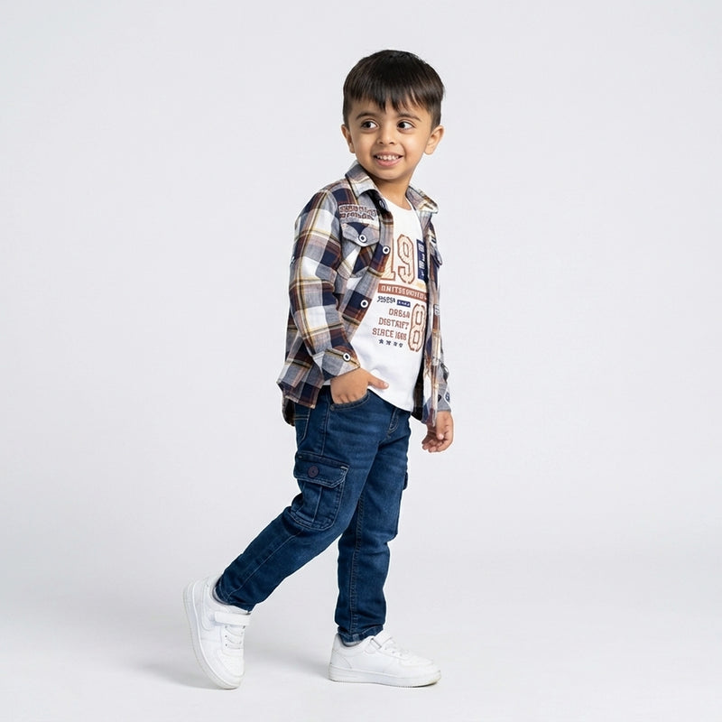 Boys Brown Checked Casual Shirt with White T-Shirt, Blue Cargo Jeans and White Sneakers