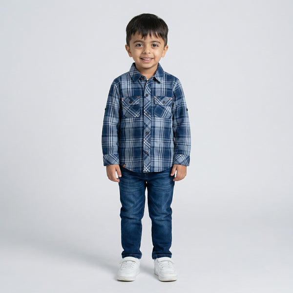 BOYS Blue Checked Shirt with Denim Jeans Casual Outfit Set