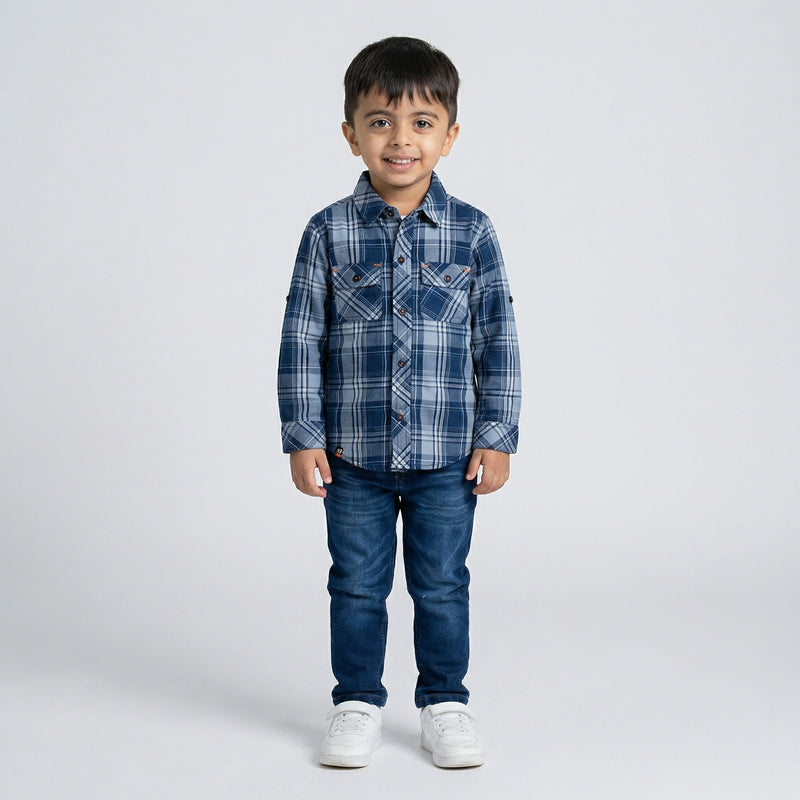 BOYS Blue Checked Shirt with Denim Jeans Casual Outfit Set