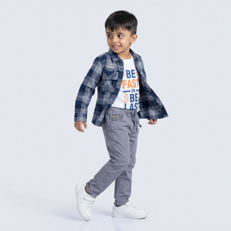 Boys Checked Casual Shirt with White Graphic T-Shirt, Pants and White Sneakers