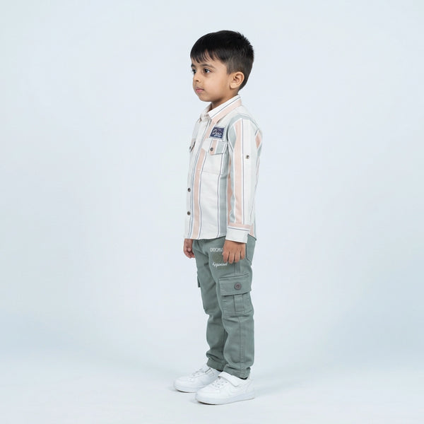 Boys Pink Stripe Casual Shirt with Sage Cargo Pants and White Sneakers