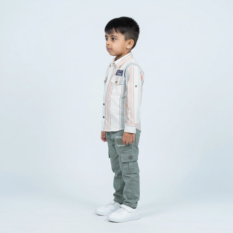 Boys Pink Stripe Casual Shirt with Sage Cargo Pants and White Sneakers
