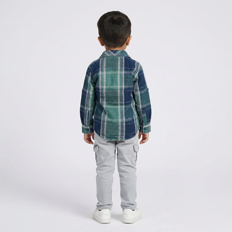 Boys Checked Casual Shirt with Graphic T-Shirt, Cargo Pants and White Sneakers