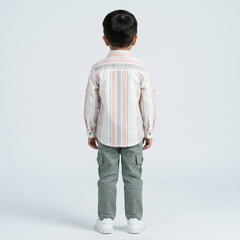 Boys Pink Stripe Casual Shirt with Sage Cargo Pants and White Sneakers