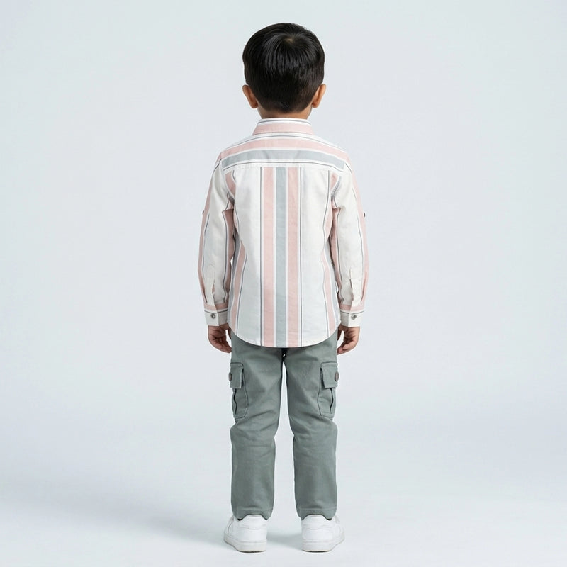 Boys Pink Stripe Casual Shirt with Sage Cargo Pants and White Sneakers