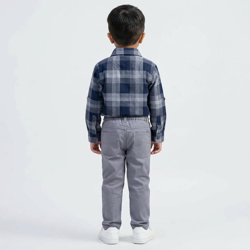 Boys Checked Casual Shirt with White Graphic T-Shirt, Pants and White Sneakers