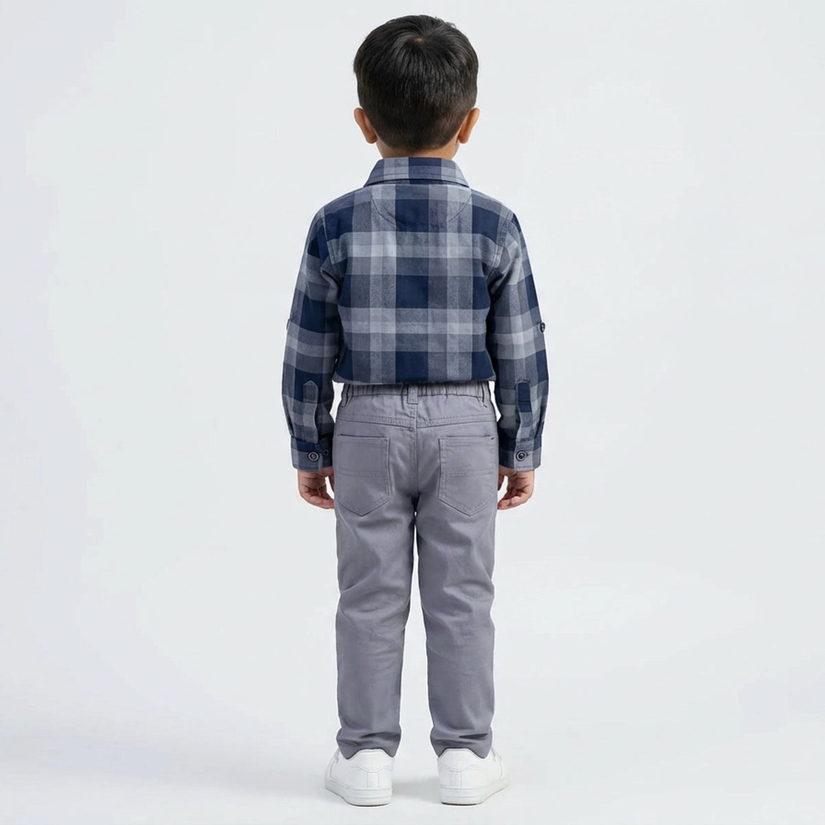 Boys Checked Casual Shirt with White Graphic T-Shirt, Pants and White Sneakers - image 6