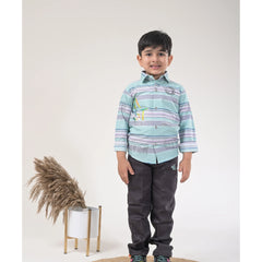 Boys Striped Casual Shirt with Dark Pants and Sport Sneakers – 3 Color Variants