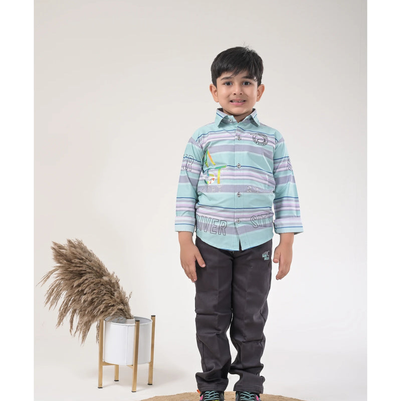 Boys Striped Casual Shirt with Dark Pants and Sport Sneakers – 3 Color Variants
