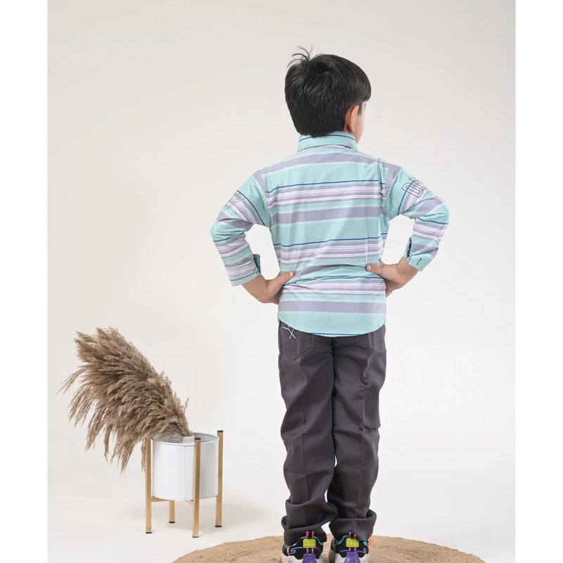 Boys Striped Casual Shirt with Dark Pants and Sport Sneakers – 3 Color Variants