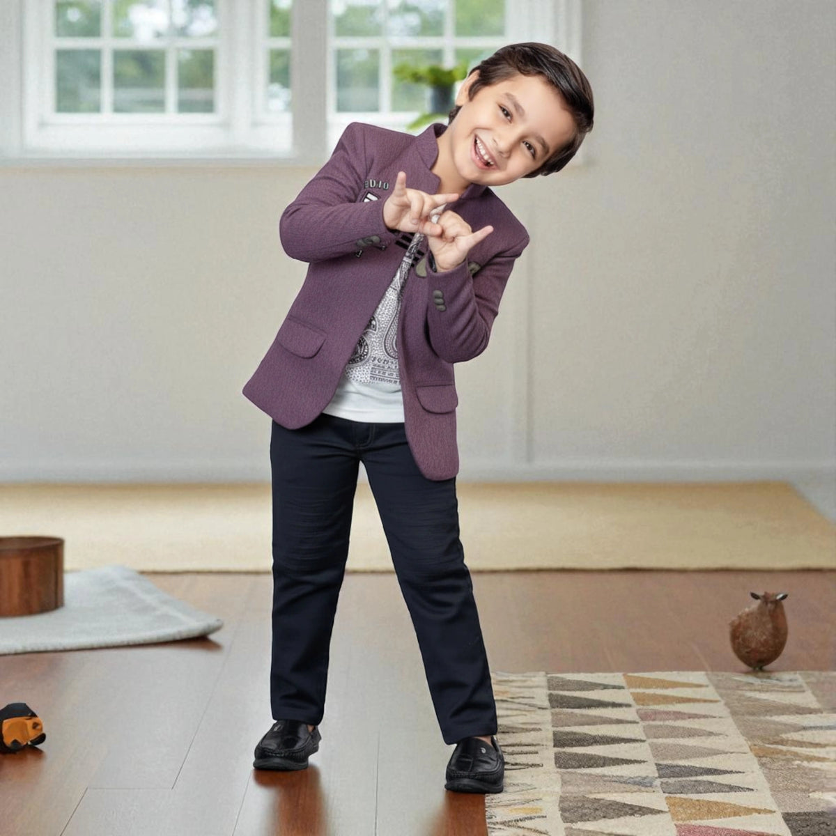 Boys Stylish Purple Blazer with T-Shirt & Pants – Kids Party Outfit - image 1