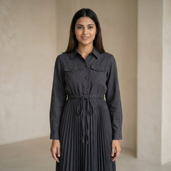 Women’s Pleated Maxi Dress with Crop Shirt Top – Elegant Long Sleeve Dress