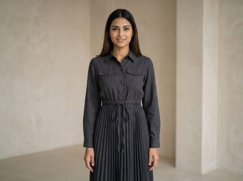 Women’s Pleated Maxi Dress with Crop Shirt Top – Elegant Long Sleeve Dress
