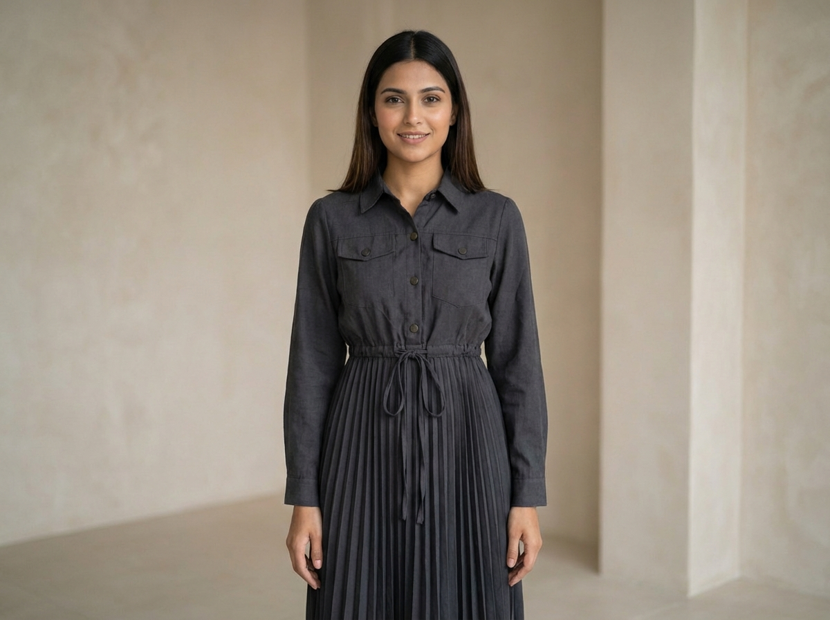 Women’s Pleated Maxi Dress with Crop Shirt Top – Elegant Long Sleeve Dress - image 9