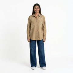 Women’s Floral Embroidered Cotton Shirt – Button-Down Top | Pink, Black, Beige & Blue Smart Casual Shirt