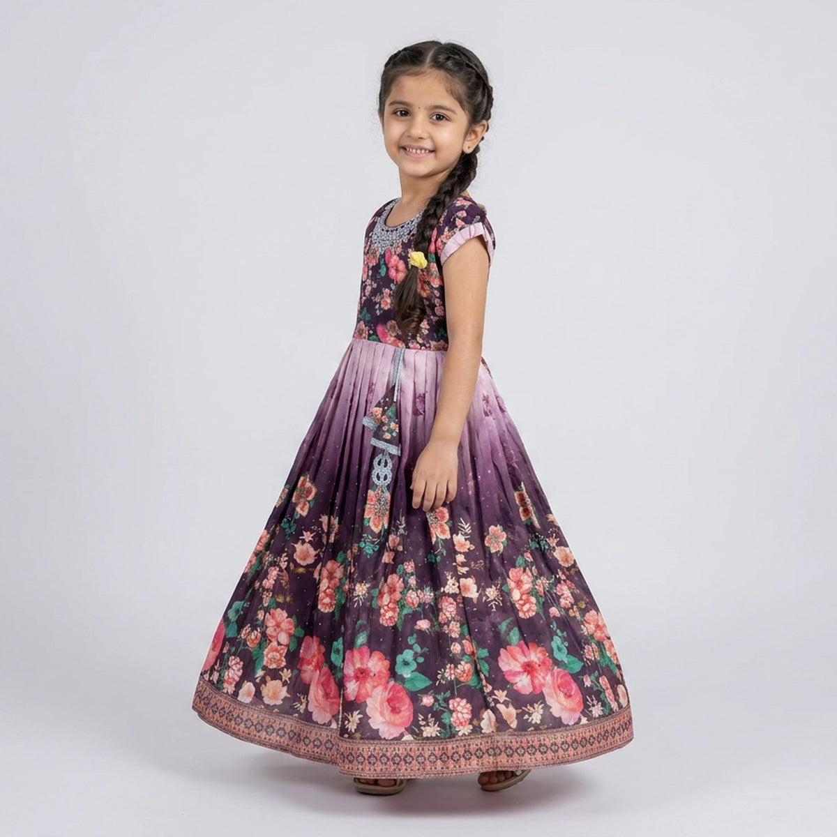 Girls Purple Ombre Floral Print Embellished Flutter Sleeve Gown – Kids Party Wear
