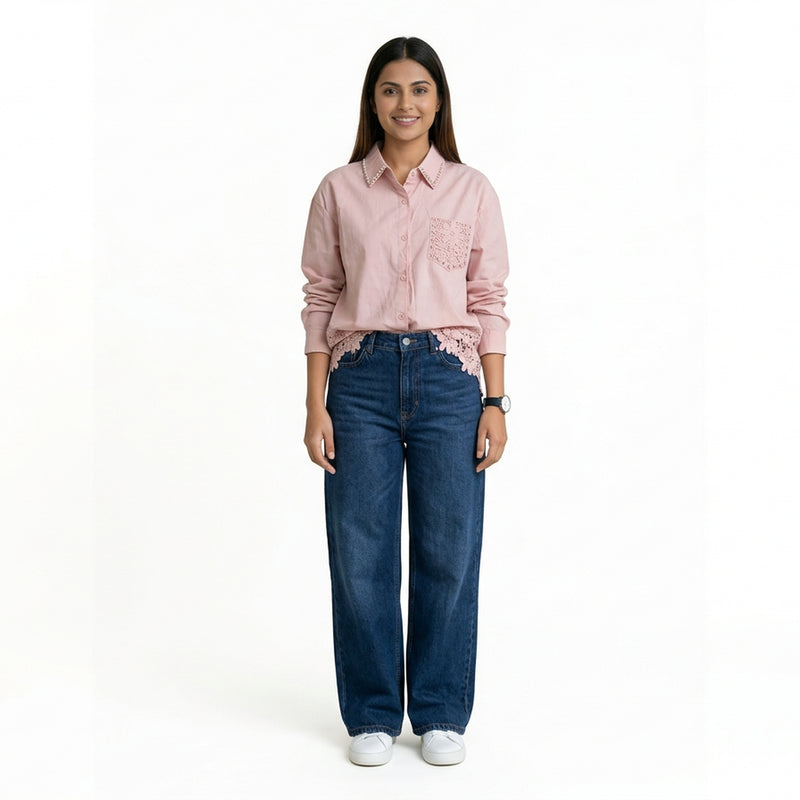Women’s Lace Hem Cotton Shirt – Embroidered Button-Down Top | White, Blue, Pink, Beige & Black Casual Shirt