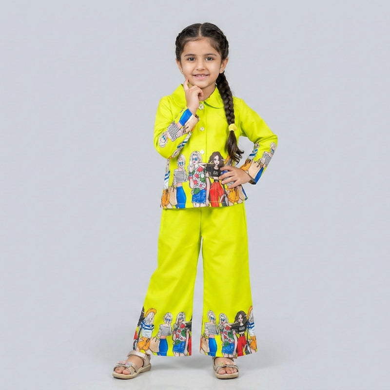 Girls Neon Green Printed Co-Ord Set – Trendy Shirt & Wide Leg Pants Outfit for Kids